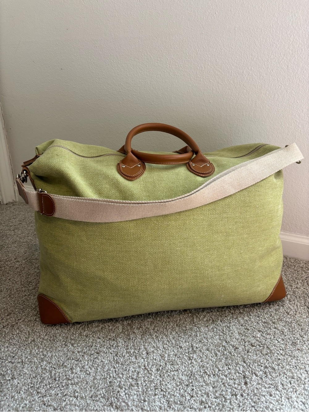 Canvas Travel Duffel in Light Green with Brown Trim